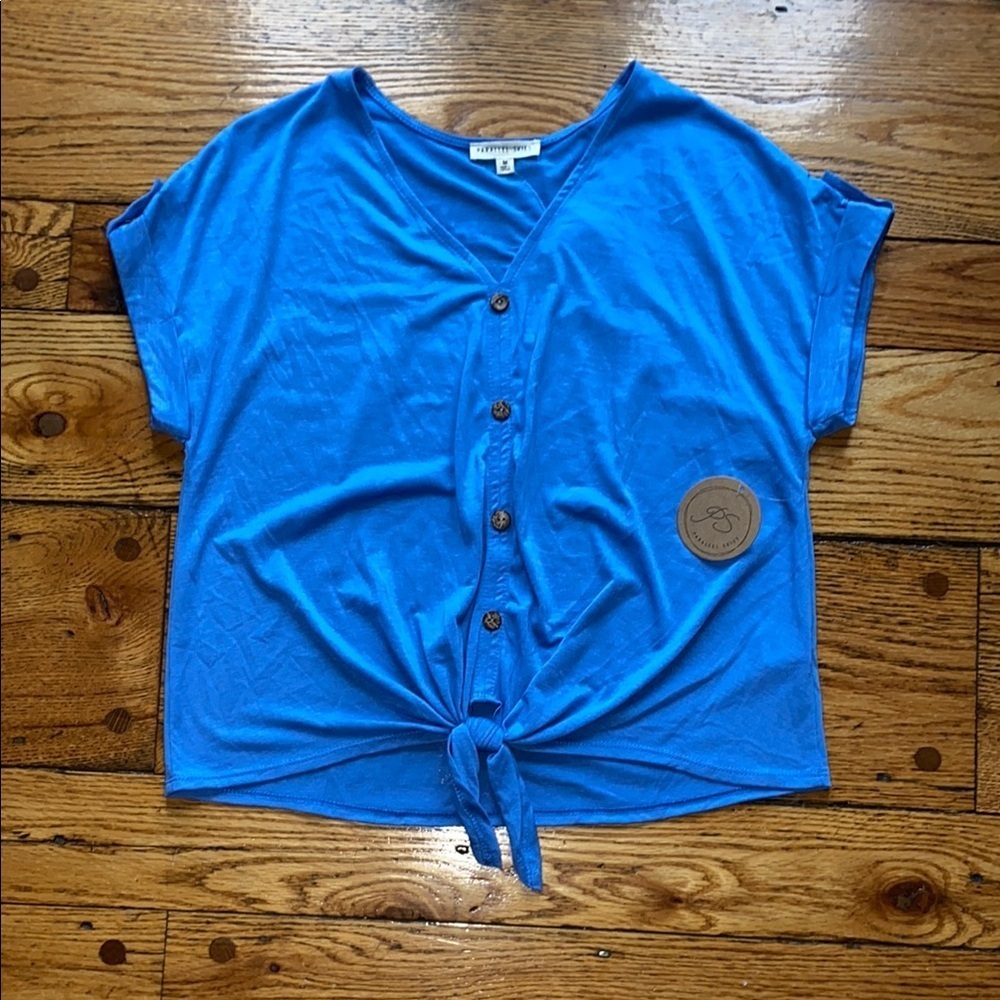 Parallel Skies Blue Button-Down Tie-Front Top size medium nwt